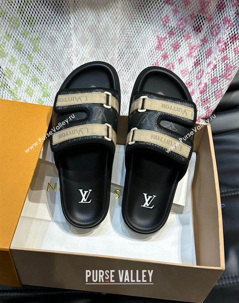 Louis Vuitton Mens Monogram Canvas Slides Sandal with Strap Black 2024 0724003 (MD-240724084)