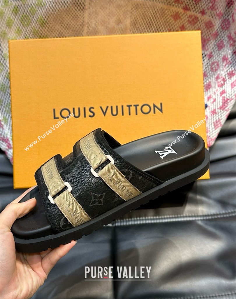 Louis Vuitton Mens Monogram Canvas Slides Sandal with Strap Black 2024 0724003 (MD-240724084)