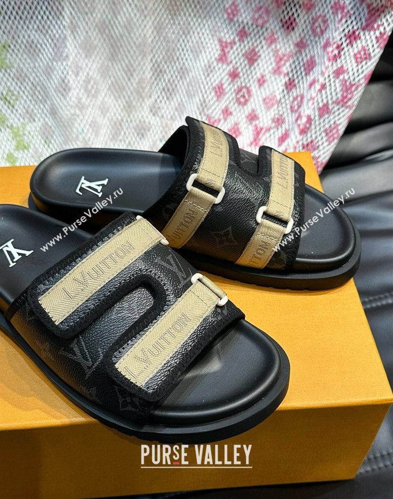 Louis Vuitton Mens Monogram Canvas Slides Sandal with Strap Black 2024 0724003 (MD-240724084)