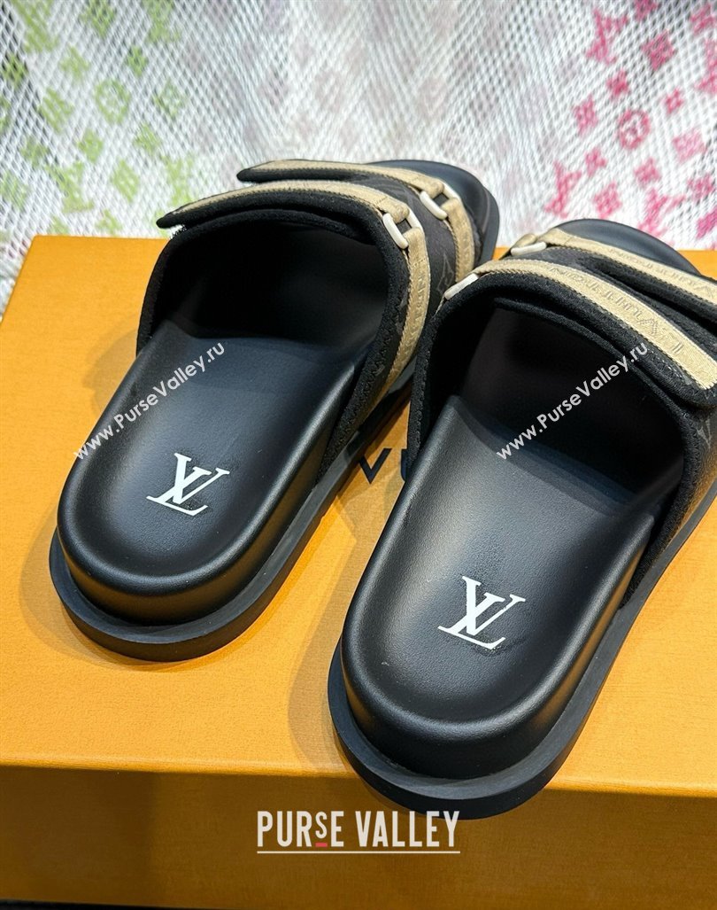 Louis Vuitton Mens Monogram Canvas Slides Sandal with Strap Black 2024 0724003 (MD-240724084)