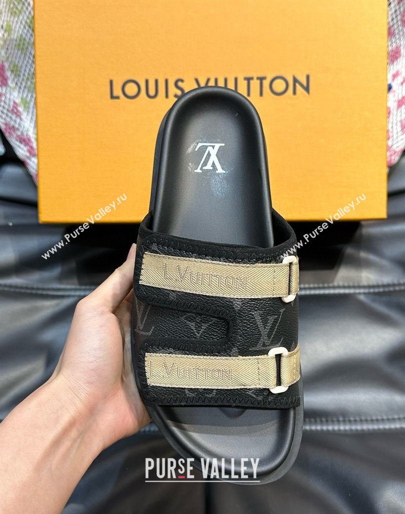 Louis Vuitton Mens Monogram Canvas Slides Sandal with Strap Black 2024 0724003 (MD-240724084)