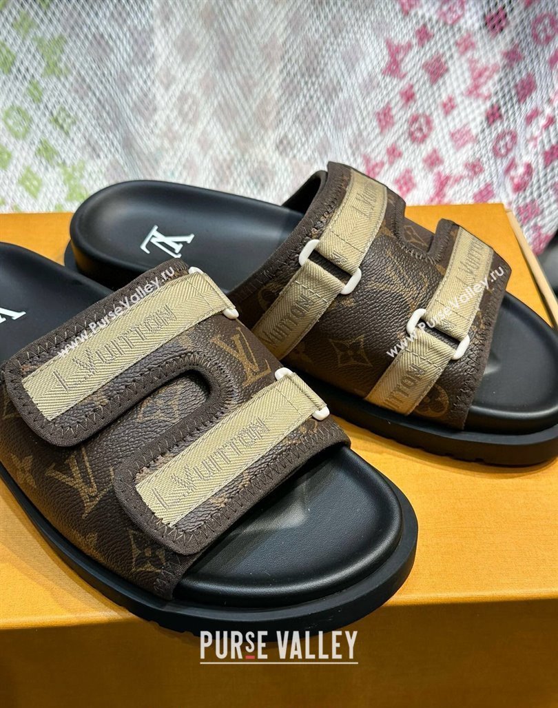 Louis Vuitton Mens Monogram Canvas Slides Sandal with Strap Brown 2024 0724003 (MD-240724085)