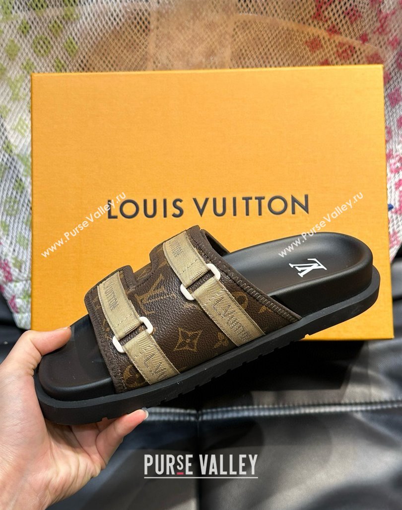 Louis Vuitton Mens Monogram Canvas Slides Sandal with Strap Brown 2024 0724003 (MD-240724085)