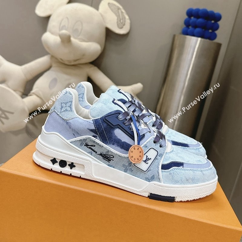 Louis Vuitton LV Trainer Sneakers in Bleached Monogram Denim Light Blue 2024 0724 (MD-240724090)