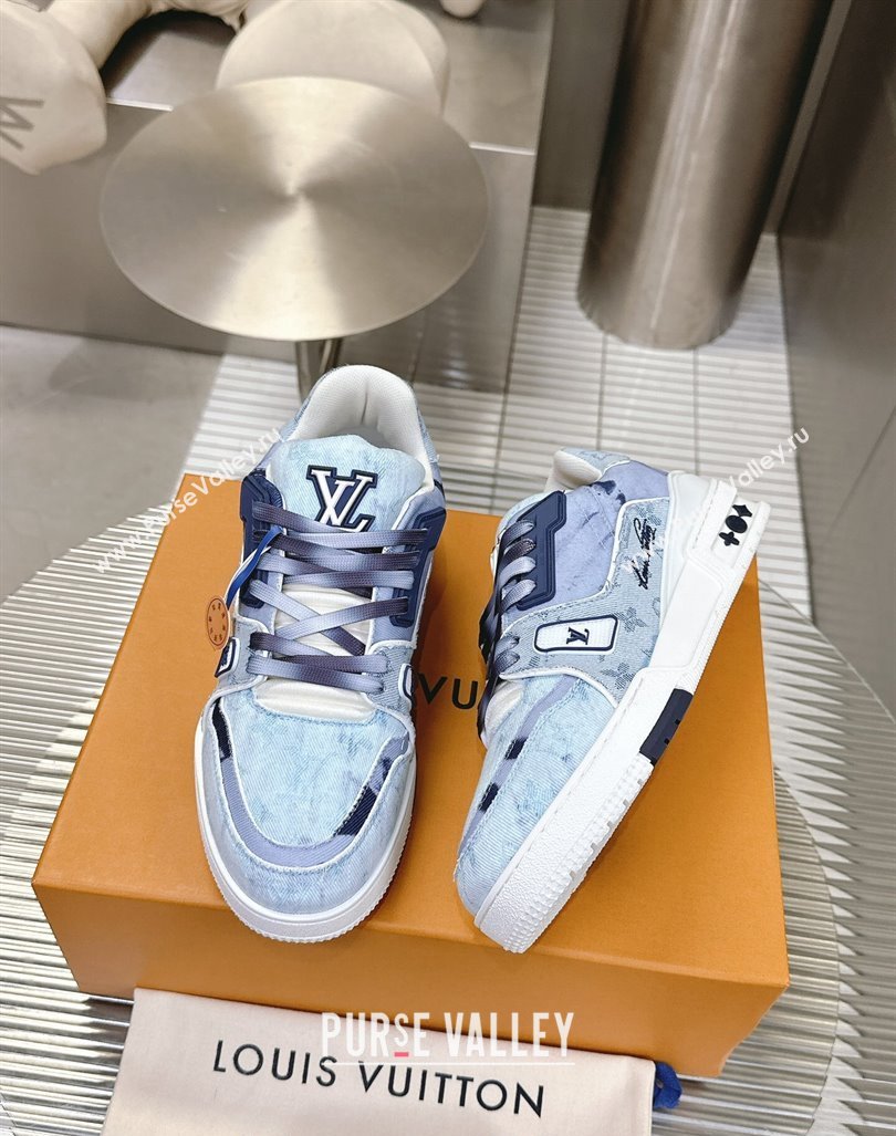 Louis Vuitton LV Trainer Sneakers in Bleached Monogram Denim Light Blue 2024 0724 (MD-240724090)