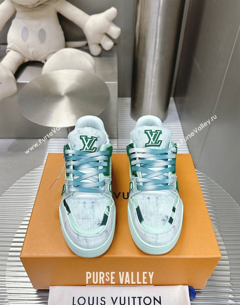 Louis Vuitton LV Trainer Sneakers in Bleached Monogram Denim Light Green 2024 0724 (MD-240724092)