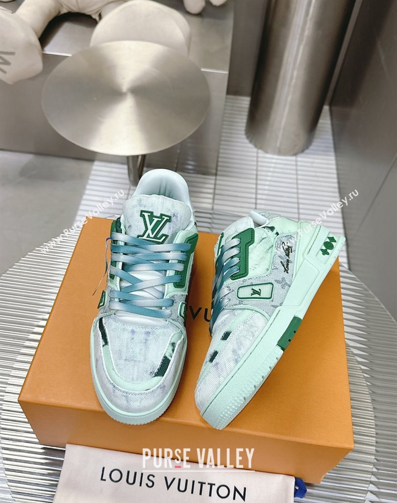 Louis Vuitton LV Trainer Sneakers in Bleached Monogram Denim Light Green 2024 0724 (MD-240724092)