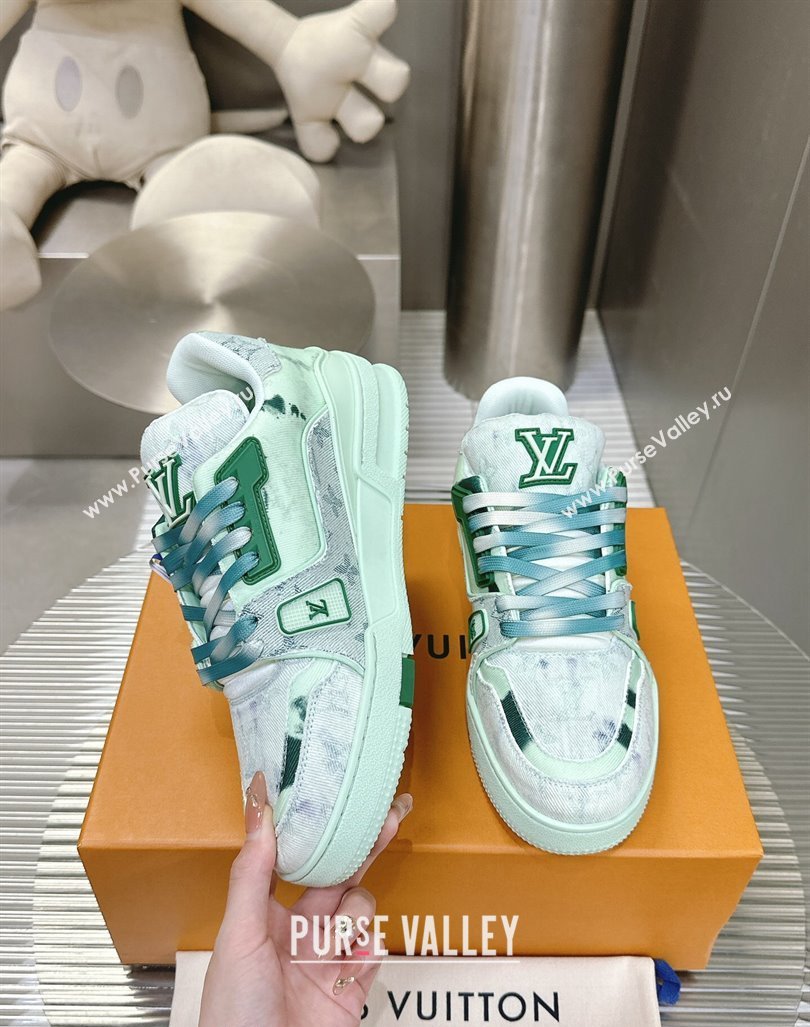 Louis Vuitton LV Trainer Sneakers in Bleached Monogram Denim Light Green 2024 0724 (MD-240724092)