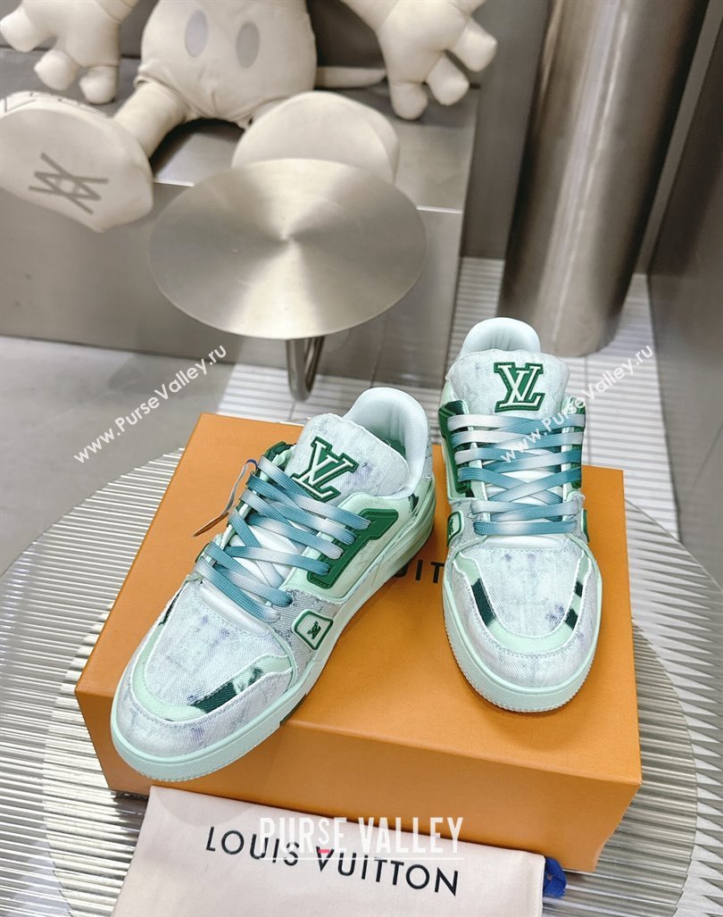 Louis Vuitton LV Trainer Sneakers in Bleached Monogram Denim Light Green 2024 0724 (MD-240724092)