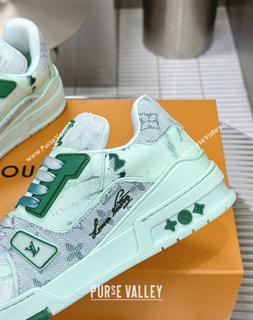 Louis Vuitton LV Trainer Sneakers in Bleached Monogram Denim Light Green 2024 0724 (MD-240724092)