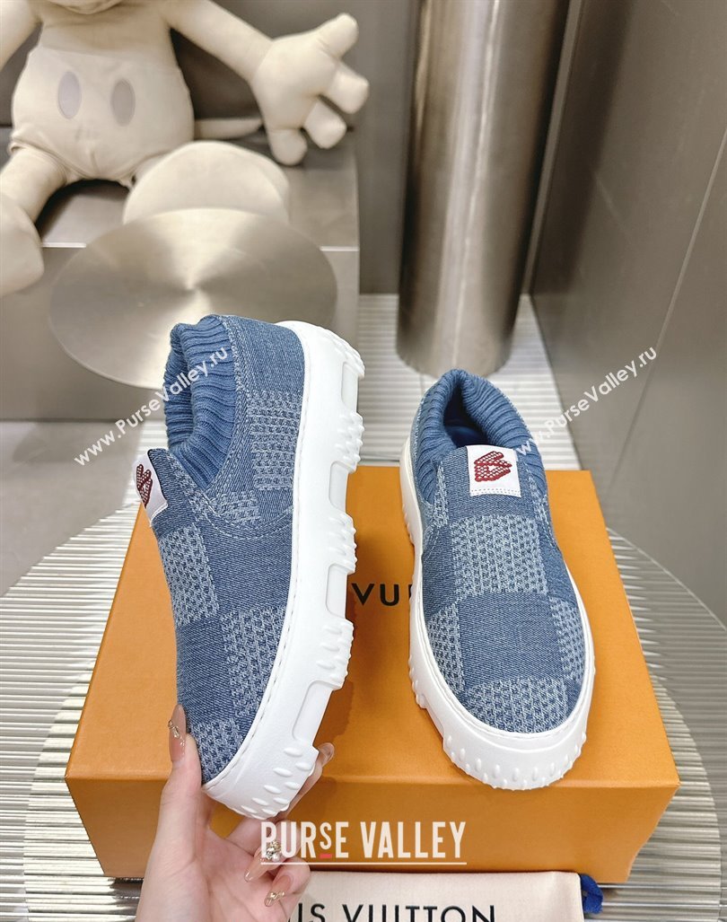 Louis Vuitton Mens LV Space Lander Slip On Sneakers in Damier Denim Light Blue 2024 (MD-240724101)