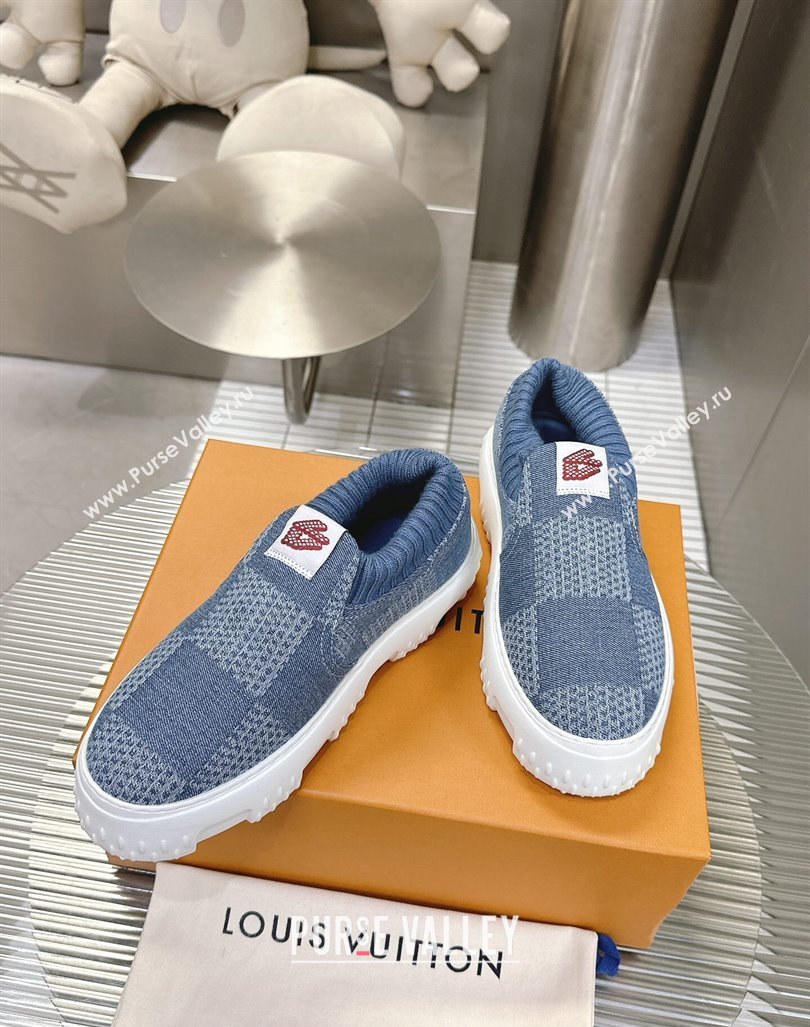 Louis Vuitton Mens LV Space Lander Slip On Sneakers in Damier Denim Light Blue 2024 (MD-240724101)