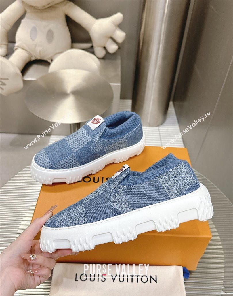 Louis Vuitton Mens LV Space Lander Slip On Sneakers in Damier Denim Light Blue 2024 (MD-240724101)