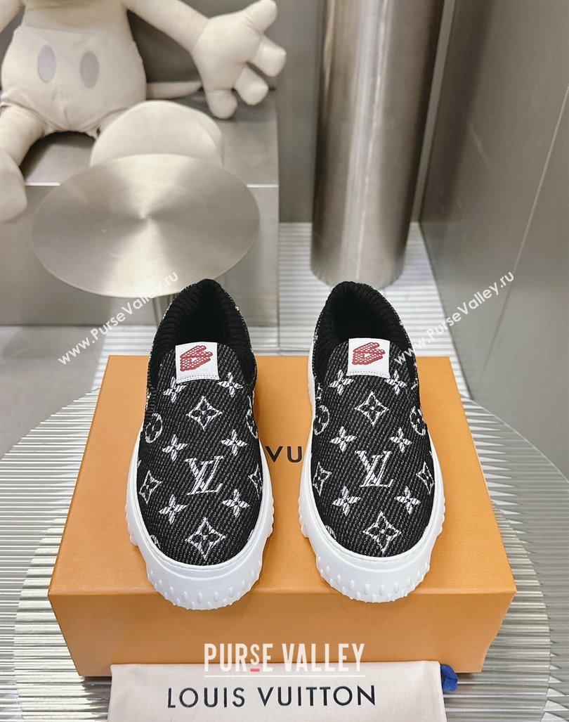 Louis Vuitton Mens LV Space Lander Slip On Sneakers in Monogram Denim Black 2024 (MD-240724102)