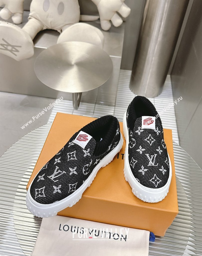 Louis Vuitton Mens LV Space Lander Slip On Sneakers in Monogram Denim Black 2024 (MD-240724102)