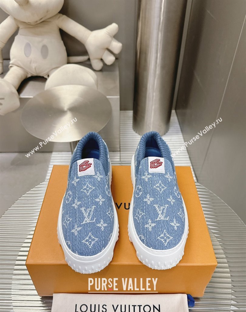 Louis Vuitton Mens LV Space Lander Slip On Sneakers in Monogram Denim Light Blue 2024 (MD-240724103)