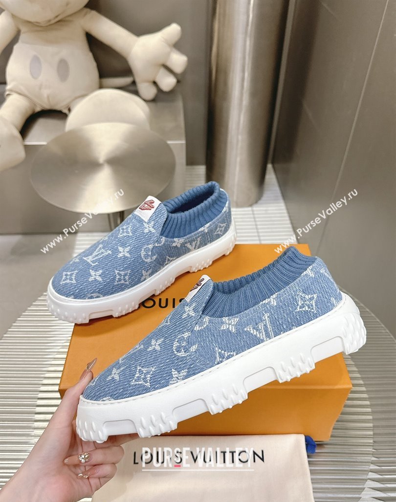 Louis Vuitton Mens LV Space Lander Slip On Sneakers in Monogram Denim Light Blue 2024 (MD-240724103)