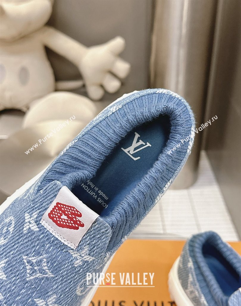 Louis Vuitton Mens LV Space Lander Slip On Sneakers in Monogram Denim Light Blue 2024 (MD-240724103)