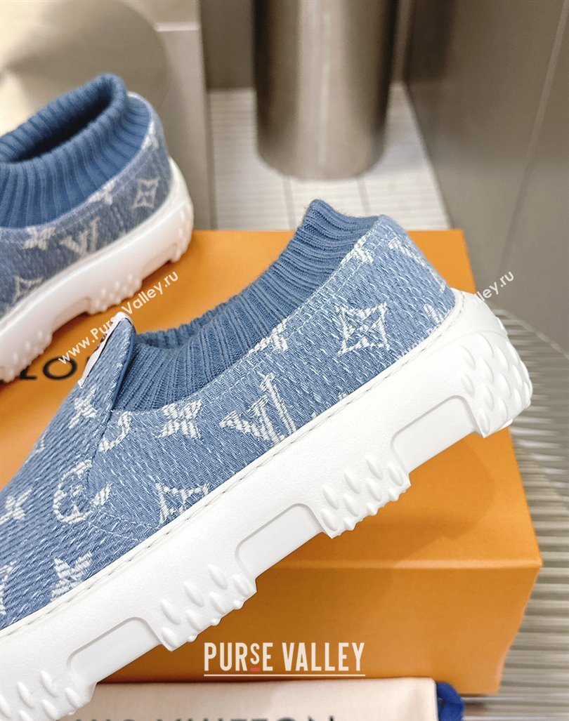 Louis Vuitton Mens LV Space Lander Slip On Sneakers in Monogram Denim Light Blue 2024 (MD-240724103)