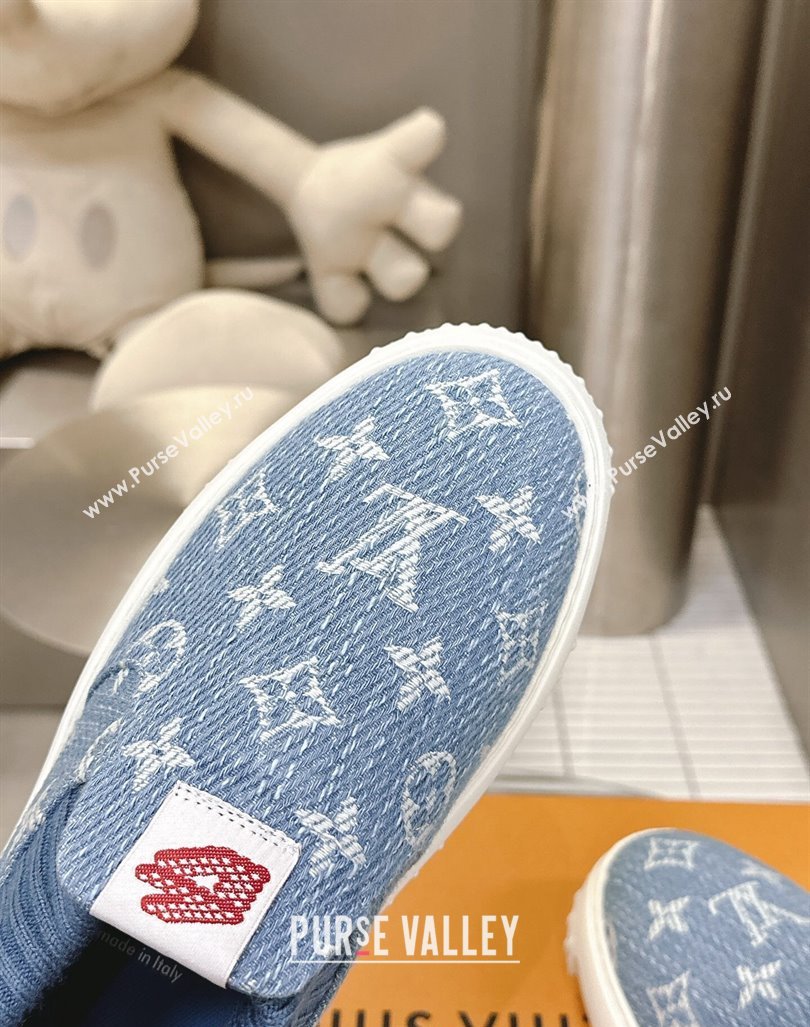 Louis Vuitton Mens LV Space Lander Slip On Sneakers in Monogram Denim Light Blue 2024 (MD-240724103)