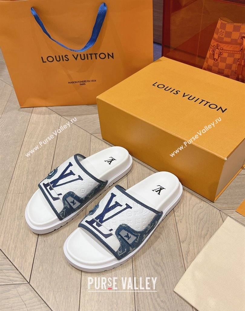 Louis Vuitton Mens Flat Slides Sandal in Denim and Leather Light Blue 2024 0724 (MD-240724105)