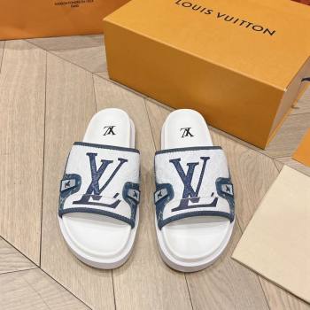 Louis Vuitton Mens Flat Slides Sandal in Denim and Leather Light Blue 2024 0724 (MD-240724105)