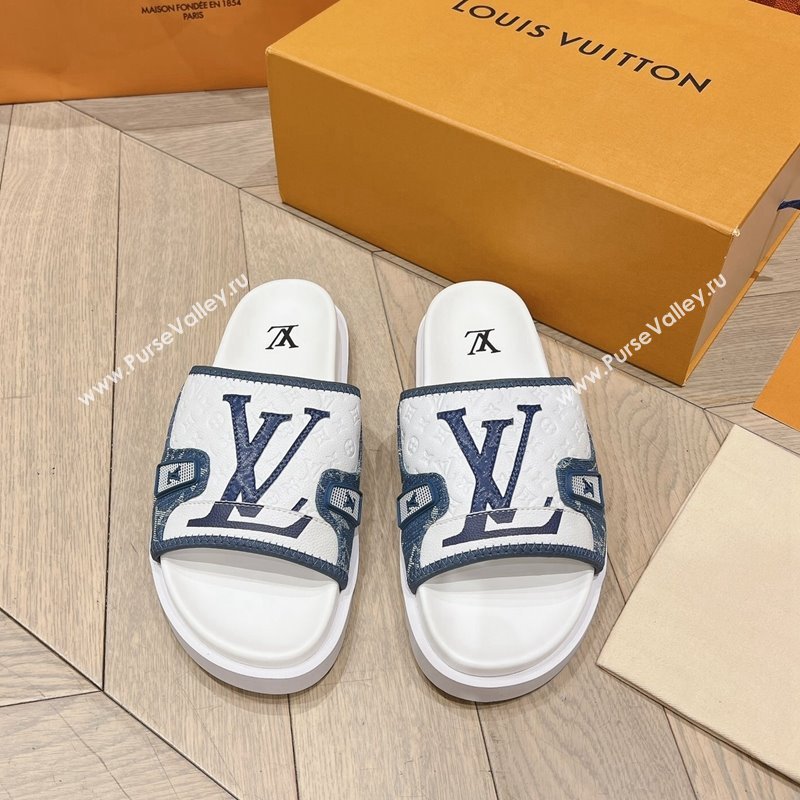 Louis Vuitton Mens Flat Slides Sandal in Denim and Leather Light Blue 2024 0724 (MD-240724105)