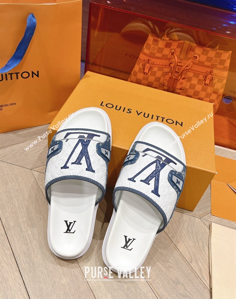 Louis Vuitton Mens Flat Slides Sandal in Denim and Leather Light Blue 2024 0724 (MD-240724105)