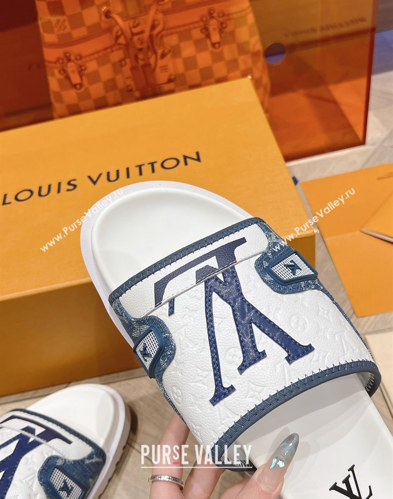 Louis Vuitton Mens Flat Slides Sandal in Denim and Leather Light Blue 2024 0724 (MD-240724105)