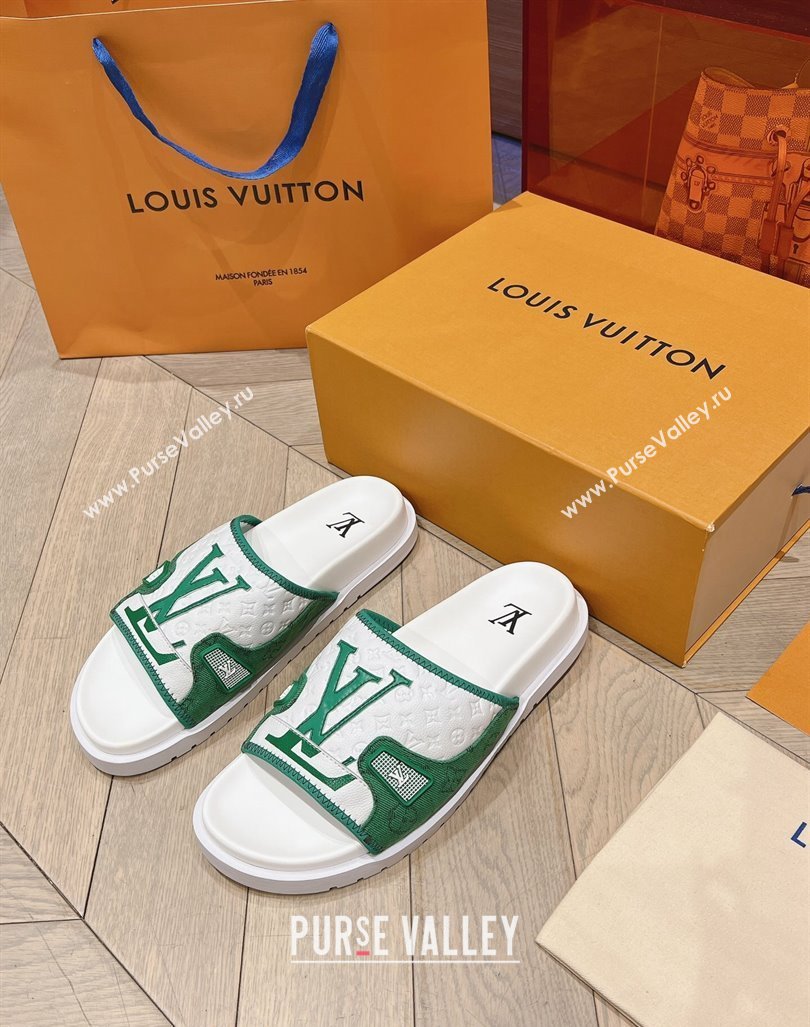 Louis Vuitton Mens Flat Slides Sandal in Denim and Leather Green 2024 0724 (MD-240724106)