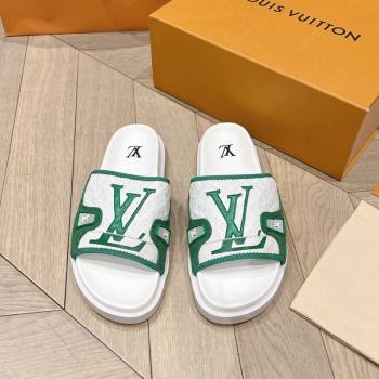 Louis Vuitton Mens Flat Slides Sandal in Denim and Leather Green 2024 0724 (MD-240724106)