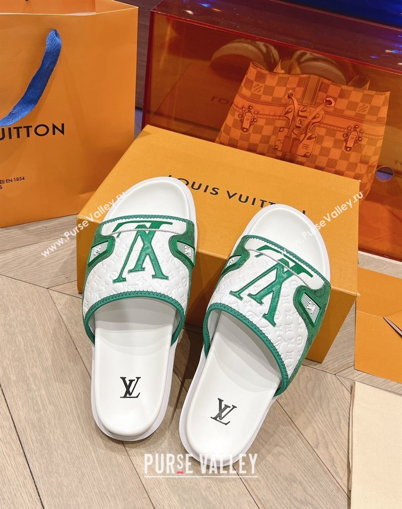 Louis Vuitton Mens Flat Slides Sandal in Denim and Leather Green 2024 0724 (MD-240724106)