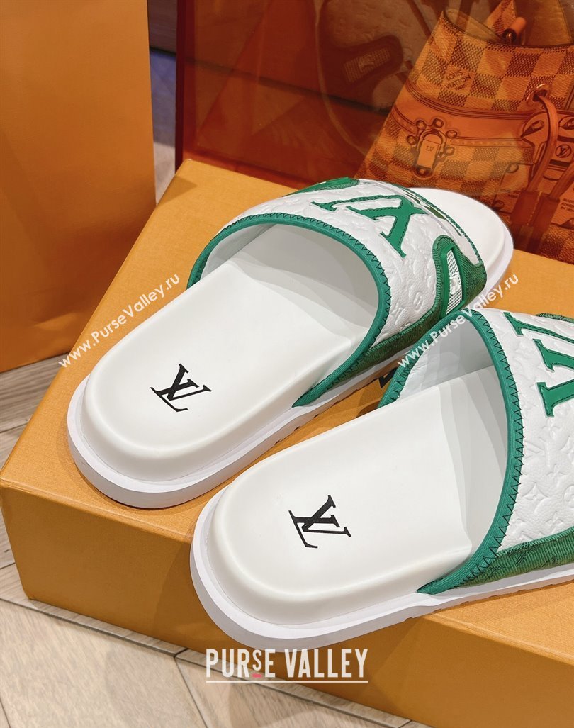 Louis Vuitton Mens Flat Slides Sandal in Denim and Leather Green 2024 0724 (MD-240724106)