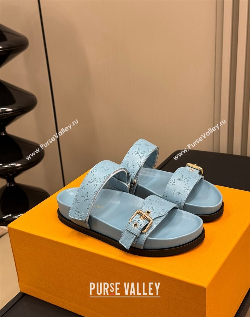 Louis Vuitton Bom Dia Flat Comfort Slides Sandal in Perforated Mahina Calfskin Grey 2024 (MD-240724113)