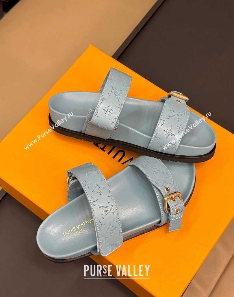 Louis Vuitton Bom Dia Flat Comfort Slides Sandal in Perforated Mahina Calfskin Grey 2024 (MD-240724113)