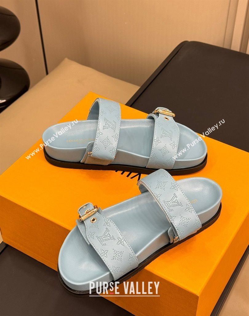 Louis Vuitton Bom Dia Flat Comfort Slides Sandal in Perforated Mahina Calfskin Grey 2024 (MD-240724113)