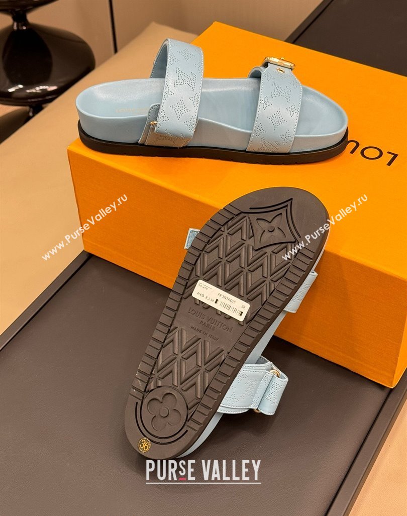 Louis Vuitton Bom Dia Flat Comfort Slides Sandal in Perforated Mahina Calfskin Grey 2024 (MD-240724113)