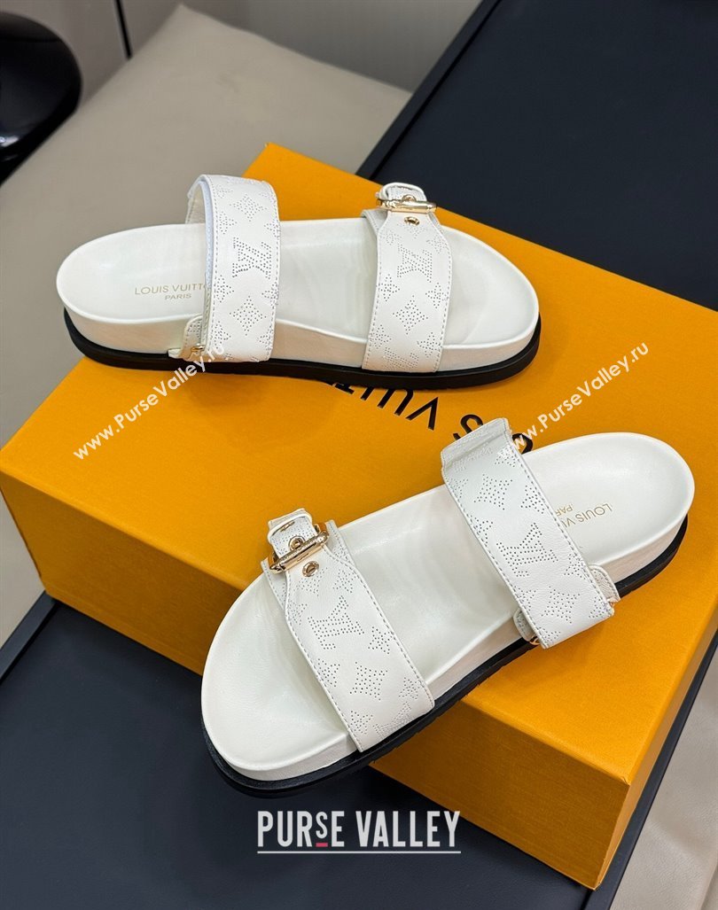 Louis Vuitton Bom Dia Flat Comfort Slides Sandal in Perforated Mahina Calfskin White 2024 (MD-240724114)