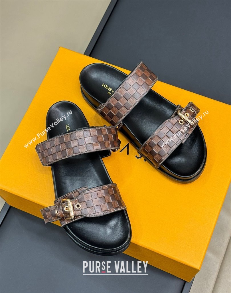 Louis Vuitton Bom Dia Flat Comfort Slides Sandal in Damier Leather Brown 2024 (MD-240724115)