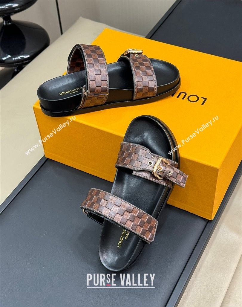 Louis Vuitton Bom Dia Flat Comfort Slides Sandal in Damier Leather Brown 2024 (MD-240724115)