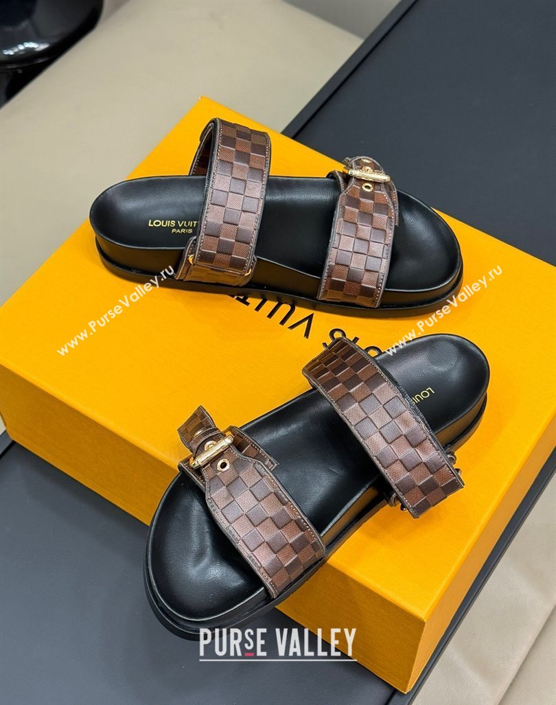 Louis Vuitton Bom Dia Flat Comfort Slides Sandal in Damier Leather Brown 2024 (MD-240724115)