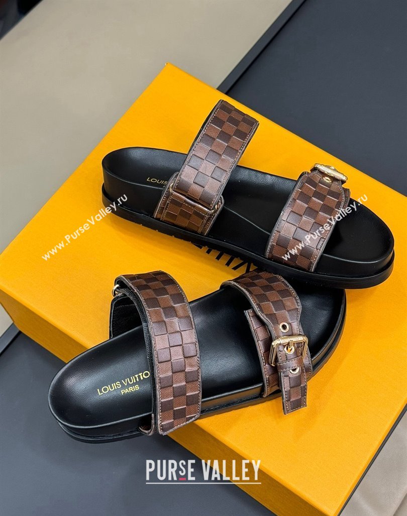 Louis Vuitton Bom Dia Flat Comfort Slides Sandal in Damier Leather Brown 2024 (MD-240724115)