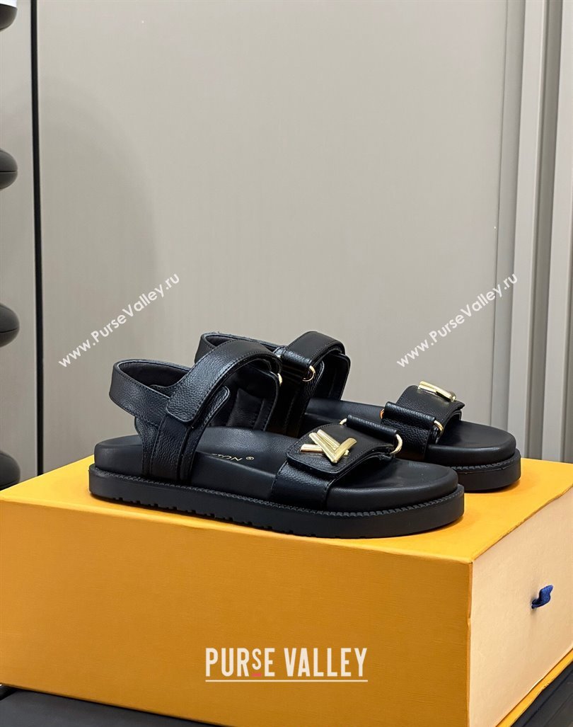 Louis Vuitton LV Sunset Flat Comfort Sandals in Grained Leather Black 2024 0724 (MD-240724119)