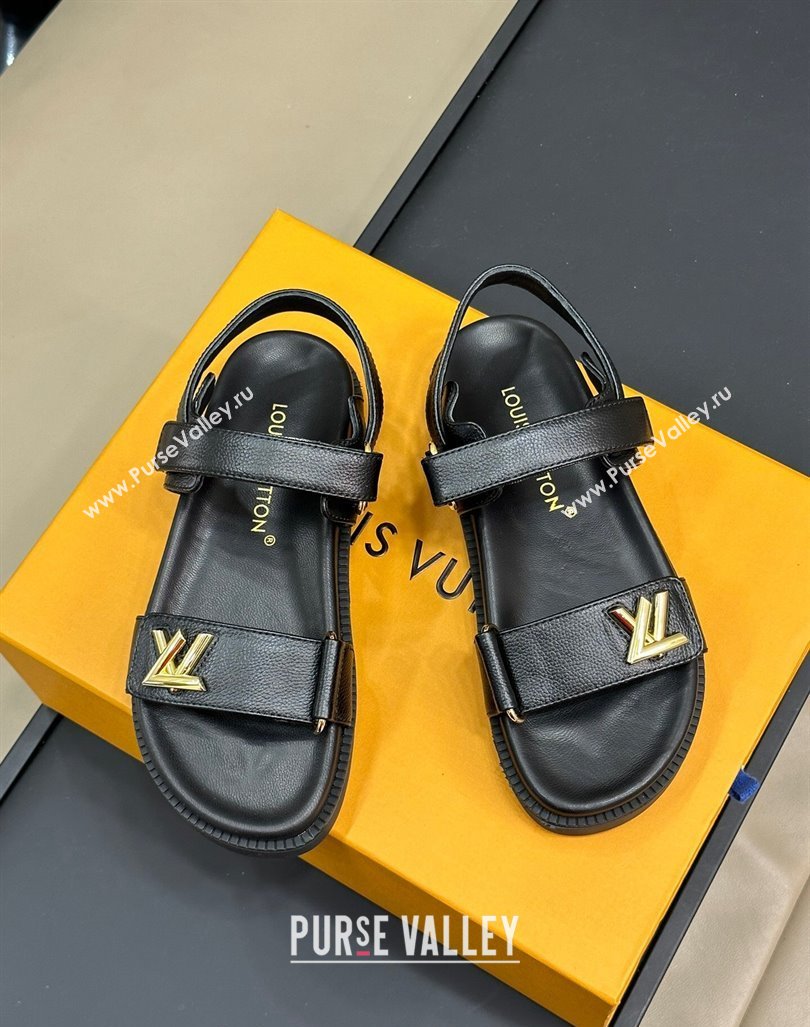 Louis Vuitton LV Sunset Flat Comfort Sandals in Grained Leather Black 2024 0724 (MD-240724119)