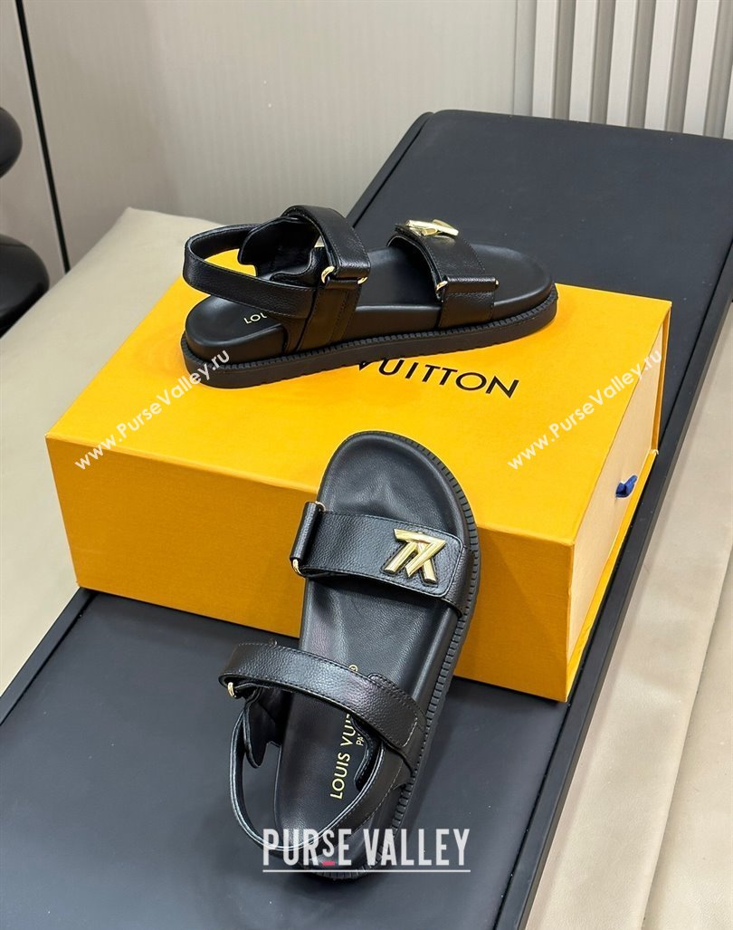 Louis Vuitton LV Sunset Flat Comfort Sandals in Grained Leather Black 2024 0724 (MD-240724119)