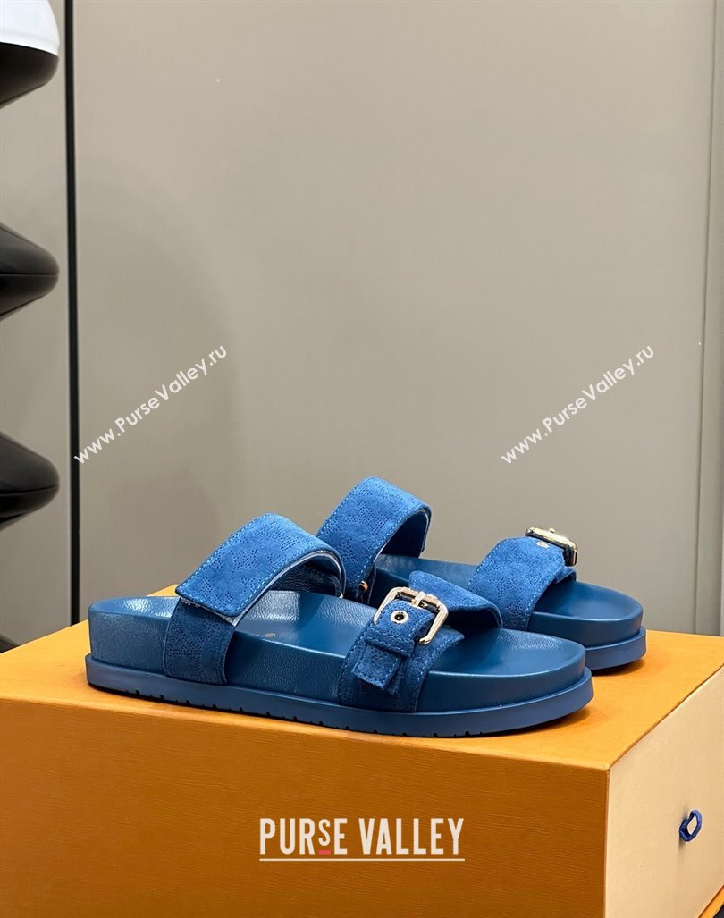 Louis Vuitton Bom Dia Flat Comfort Slides Sandal in Perforated Mahina Suede Blue 2024 (MD-240724130)