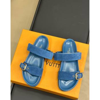 Louis Vuitton Bom Dia Flat Comfort Slides Sandal in Perforated Mahina Suede Blue 2024 (MD-240724130)