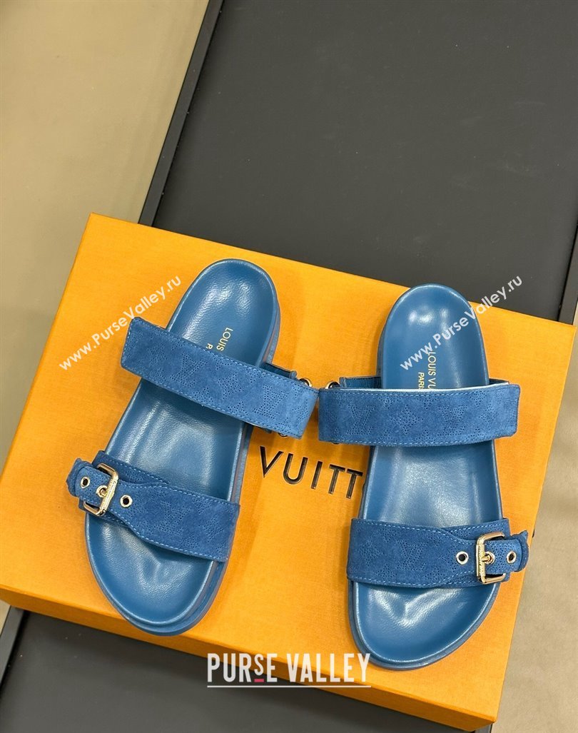 Louis Vuitton Bom Dia Flat Comfort Slides Sandal in Perforated Mahina Suede Blue 2024 (MD-240724130)