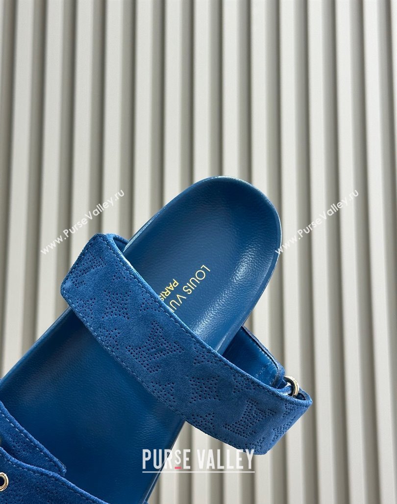 Louis Vuitton Bom Dia Flat Comfort Slides Sandal in Perforated Mahina Suede Blue 2024 (MD-240724130)