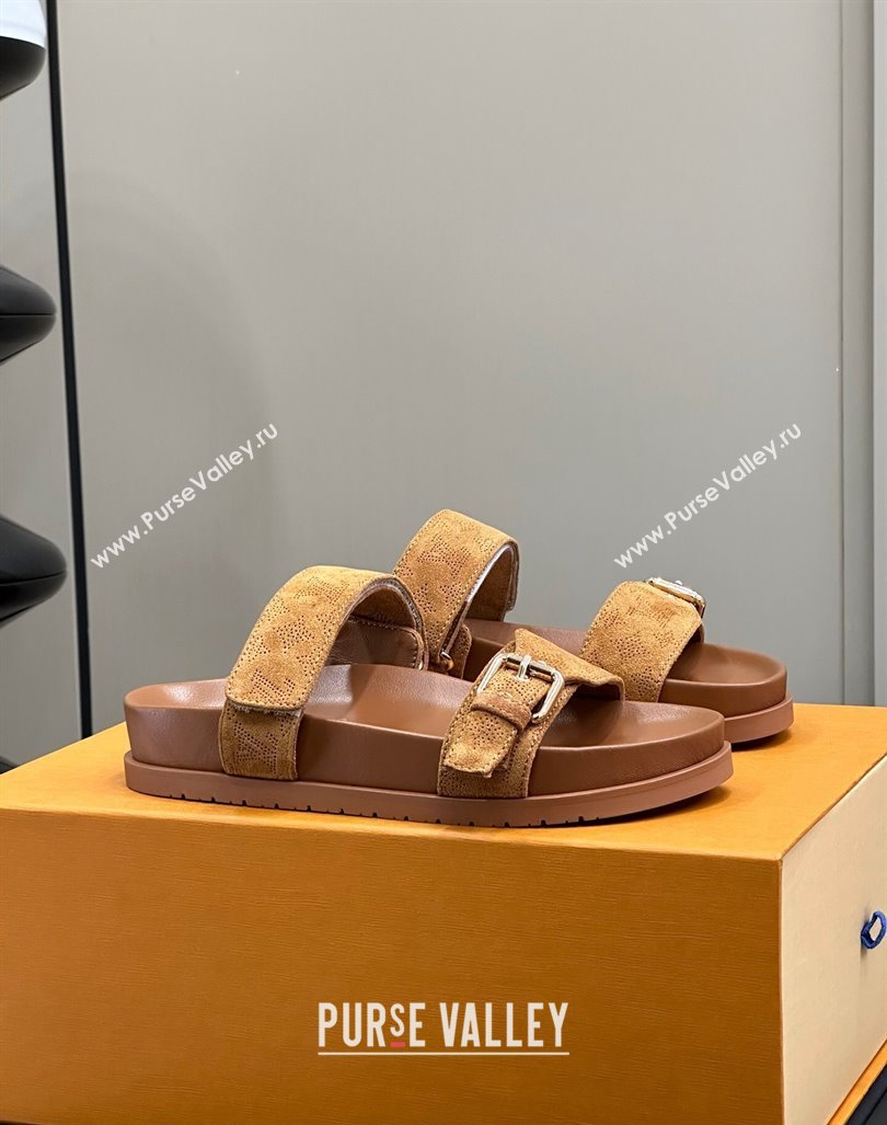 Louis Vuitton Bom Dia Flat Comfort Slides Sandal in Perforated Mahina Suede Brown 2024 (MD-240724131)